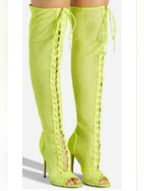 Women’s Lace-Up Neon Yellow Green Mesh Over-the-Knee Stiletto Boots Open Toe